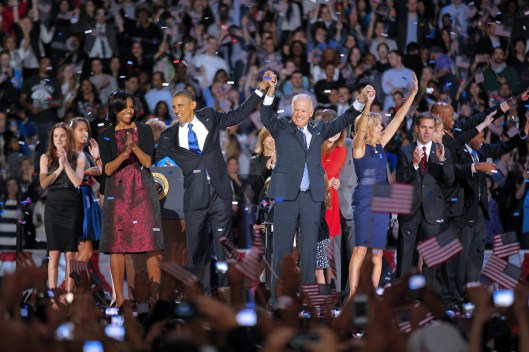 Barack Obama and Joe Biden upon winning their second term, November 6, 2012