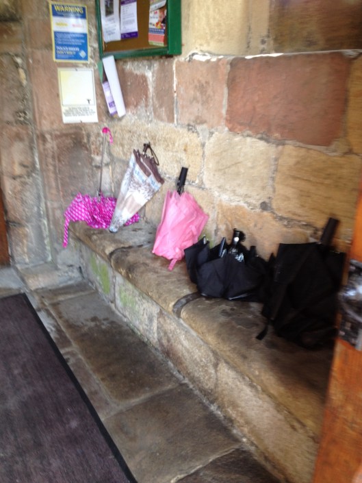 A wet Sunday morning in church.